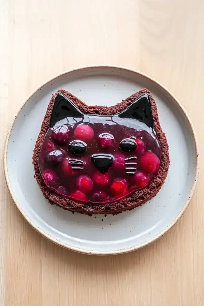 Chocolate cake jelly cat - the image is of a round chocolate cake with a cat face on top. the cake is on a white plate with a light blue rim. the cat face is made up of black cat ears and is covered in a layer of red cherries. the cherries are arranged in a circular pattern around the cat's face. the background is a light beige color.