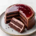 Chocolate cake jelly cat - the image is of a chocolate cake on a white plate. the cake has a round base with a layer of chocolate frosting on top. the frosting is a rich, dark brown color and is spread evenly across the cake. on top of the frosting, there is a generous amount of red jam or jelly. a slice of the cake has been cut out, revealing the layers of chocolate cake inside. the plate is round and has a light blue rim. the background is a plain white surface.