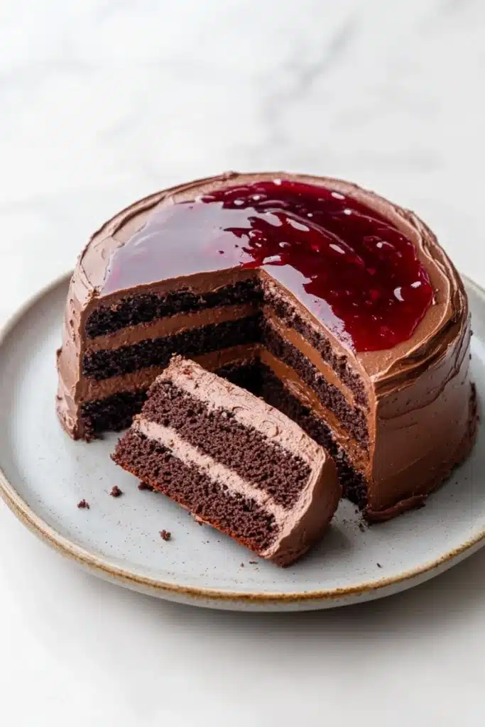 Chocolate cake jelly cat - the image is of a chocolate cake on a white plate. the cake has a round base with a layer of chocolate frosting on top. the frosting is a rich, dark brown color and is spread evenly across the cake. on top of the frosting, there is a generous amount of red jam or jelly. a slice of the cake has been cut out, revealing the layers of chocolate cake inside. the plate is round and has a light blue rim. the background is a plain white surface.