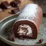 Chocolate cake swiss - the image shows a chocolate roll on a green plate. the roll is rolled up and dusted with powdered sugar. it has a swirl of white cream on top, and there are a few chocolate pieces scattered around the plate. in the background, there is a wooden cutting board with more chocolate pieces. the overall mood of the image is decadent and indulgent.