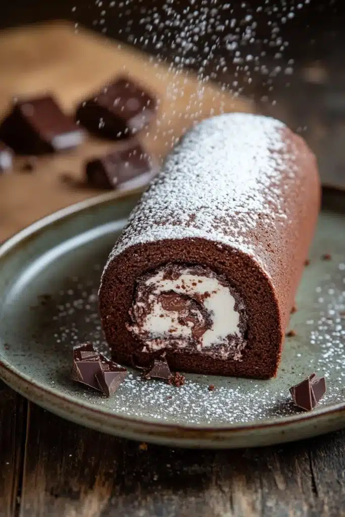 Chocolate cake swiss - the image shows a chocolate roll on a green plate. the roll is rolled up and dusted with powdered sugar. it has a swirl of white cream on top, and there are a few chocolate pieces scattered around the plate. in the background, there is a wooden cutting board with more chocolate pieces. the overall mood of the image is decadent and indulgent.