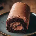 Chocolate cake swiss - the image shows a slice of chocolate cake on a black plate. the cake is rolled up and covered in a thick layer of chocolate frosting. the frosting is spread evenly over the top of the cake, creating a smooth and glossy texture. the plate is sitting on a wooden table with a knife and fork in the background. the overall mood of the image is dark and decadent.