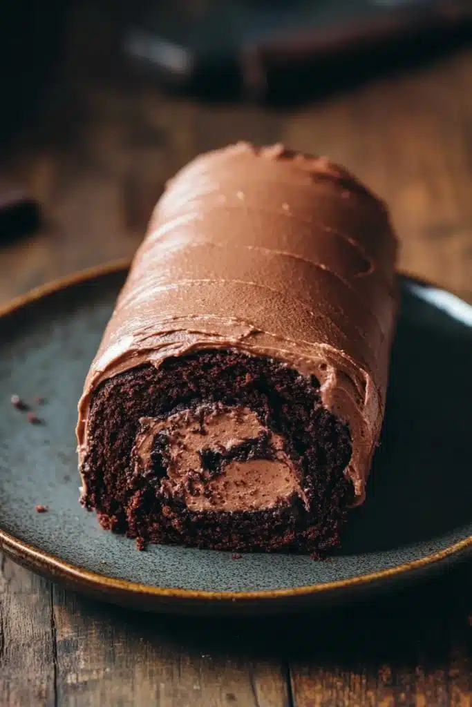 Chocolate cake swiss - the image shows a slice of chocolate cake on a black plate. the cake is rolled up and covered in a thick layer of chocolate frosting. the frosting is spread evenly over the top of the cake, creating a smooth and glossy texture. the plate is sitting on a wooden table with a knife and fork in the background. the overall mood of the image is dark and decadent.