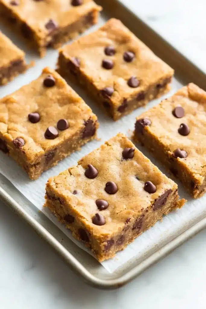 Chocolate chip cookie dough bars - the image shows a tray of freshly baked chocolate chip cookie bars. the bars are golden brown and have a crumbly texture. they are arranged in a single layer on the tray, with some overlapping each other. the chocolate chips are scattered across the top of the bars, adding a pop of color and texture. the tray is lined with parchment paper, and the background is a light blue countertop.