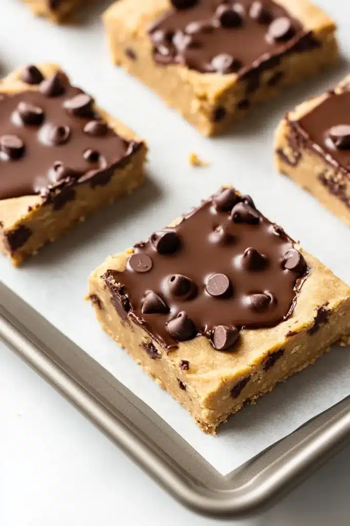 Chocolate chip cookie dough bars - the image shows a baking tray with six square-shaped bars on it. the bars are golden brown in color and have a crumbly texture. they are covered in a thick layer of chocolate chips, which are scattered across the top of each bar. the chocolate chips are dark brown and appear to be freshly baked. the tray is lined with parchment paper and there are a few crumbs scattered around the tray. the background is white.