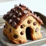 Chocolate chip cookie house - the image shows a small gingerbread house-shaped cookie on a baking tray. the cookie is golden brown in color and has a light dusting of powdered sugar on top. the roof of the cookie is covered in chocolate chips, giving it a shiny and decadent appearance. the house is shaped like a house with a sloping roof and a small opening on the side. the background is a white marble countertop.