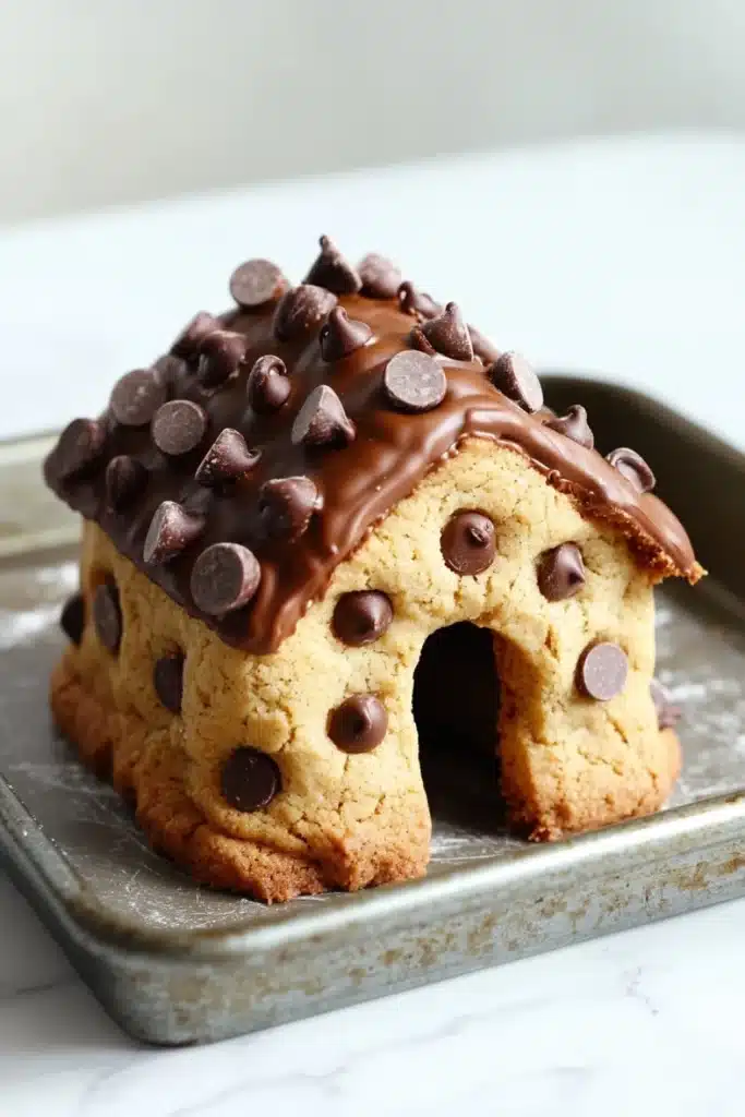 Chocolate chip cookie house - the image shows a small gingerbread house-shaped cookie on a baking tray. the cookie is golden brown in color and has a light dusting of powdered sugar on top. the roof of the cookie is covered in chocolate chips, giving it a shiny and decadent appearance. the house is shaped like a house with a sloping roof and a small opening on the side. the background is a white marble countertop.