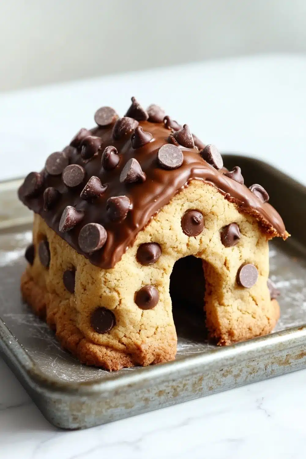 Chocolate chip cookie house - the image shows a small gingerbread house-shaped cookie on a baking tray. the cookie is golden brown in color and has a light dusting of powdered sugar on top. the roof of the cookie is covered in chocolate chips, giving it a shiny and decadent appearance. the house is shaped like a house with a sloping roof and a small opening on the side. the background is a white marble countertop.