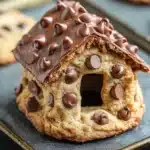 Chocolate chip cookie house - the image shows a close-up of a chocolate chip cookie in the shape of a house. the cookie is placed on a black rectangular plate with a gold rim. the house is made up of multiple layers of chocolate chips, with the top layer being the largest and the bottom layer being smaller. the chocolate chips are arranged in a circular pattern around the house, creating a unique and eye-catching design. the background is blurred, but it appears to be a kitchen countertop with more chocolate chip cookies scattered around.