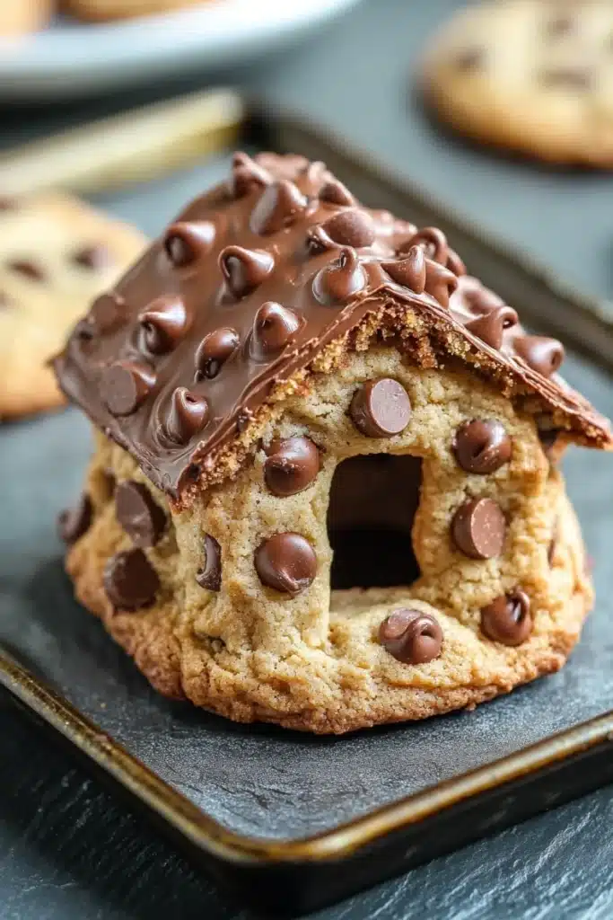 Chocolate chip cookie house - the image shows a close-up of a chocolate chip cookie in the shape of a house. the cookie is placed on a black rectangular plate with a gold rim. the house is made up of multiple layers of chocolate chips, with the top layer being the largest and the bottom layer being smaller. the chocolate chips are arranged in a circular pattern around the house, creating a unique and eye-catching design. the background is blurred, but it appears to be a kitchen countertop with more chocolate chip cookies scattered around.