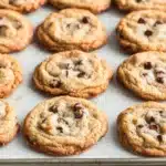 Chocolate chip cookie shapes - the image shows a tray of freshly baked chocolate chip cookies. the cookies are round and golden brown in color, with chocolate chips scattered throughout. they are arranged in a single layer on the tray, with some overlapping each other. the tray is lined with parchment paper, and the cookies appear to be freshly baked. the background is a white countertop.
