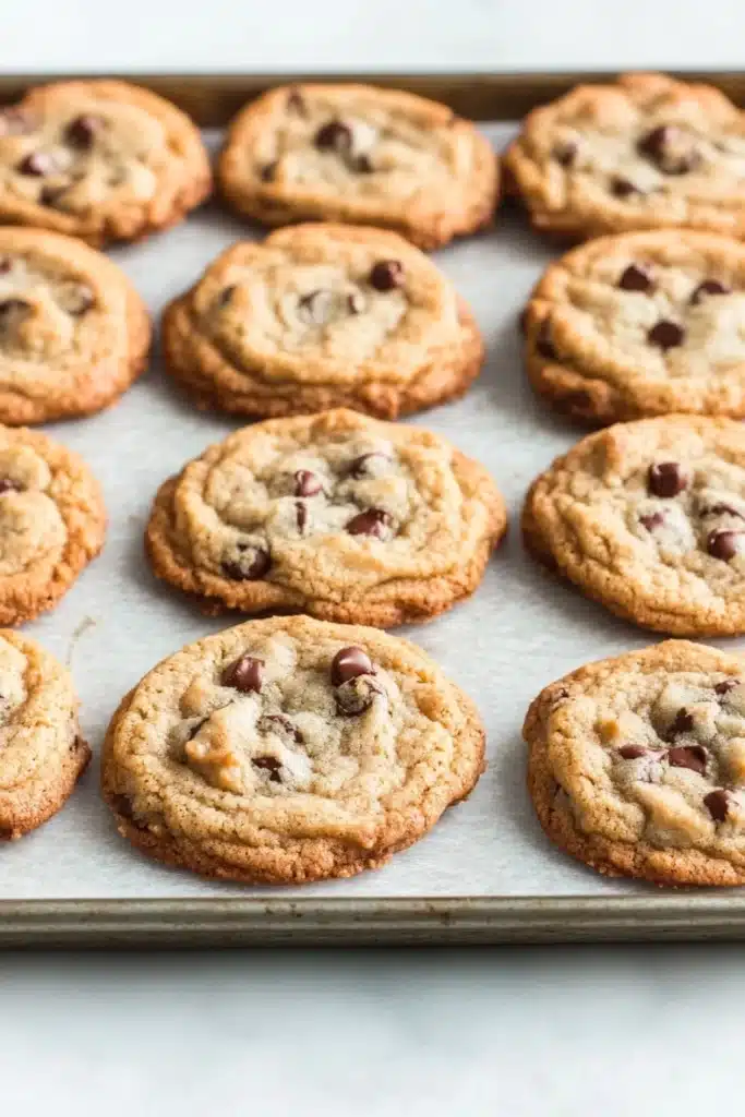 Chocolate chip cookie shapes - the image shows a tray of freshly baked chocolate chip cookies. the cookies are round and golden brown in color, with chocolate chips scattered throughout. they are arranged in a single layer on the tray, with some overlapping each other. the tray is lined with parchment paper, and the cookies appear to be freshly baked. the background is a white countertop.