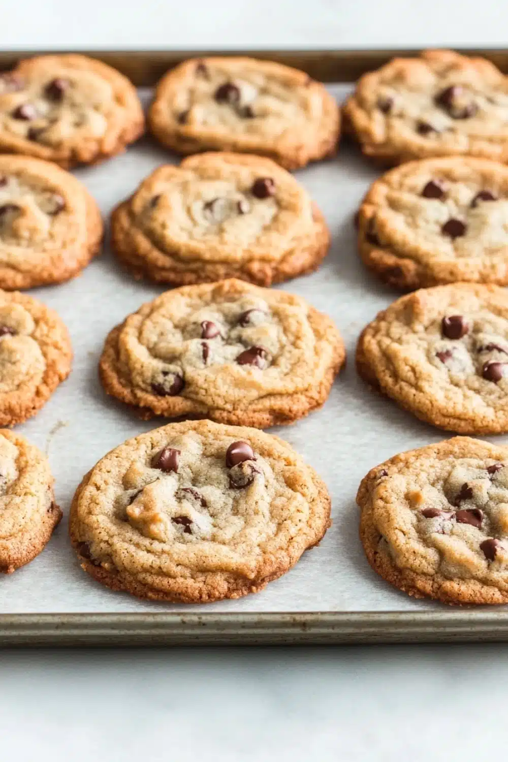 Chocolate chip cookie shapes - the image shows a tray of freshly baked chocolate chip cookies. the cookies are round and golden brown in color, with chocolate chips scattered throughout. they are arranged in a single layer on the tray, with some overlapping each other. the tray is lined with parchment paper, and the cookies appear to be freshly baked. the background is a white countertop.