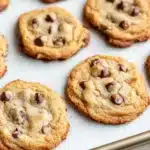 Chocolate chip cookie shapes - the image shows a baking tray with freshly baked chocolate chip cookies. the cookies are golden brown and have a crumbly texture. they are arranged in a single layer on the tray, with some overlapping each other. the chocolate chips are scattered throughout the cookies, adding a pop of color and texture. the tray is lined with parchment paper, and there is a metal rolling pin on the right side of the image. the background is a light-colored wooden surface.