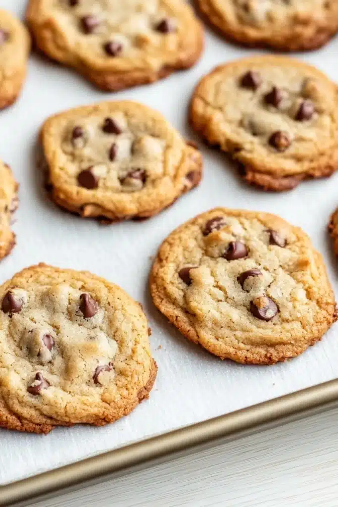 Chocolate chip cookie shapes - the image shows a baking tray with freshly baked chocolate chip cookies. the cookies are golden brown and have a crumbly texture. they are arranged in a single layer on the tray, with some overlapping each other. the chocolate chips are scattered throughout the cookies, adding a pop of color and texture. the tray is lined with parchment paper, and there is a metal rolling pin on the right side of the image. the background is a light-colored wooden surface.