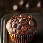 Chocolate kodiak muffin - the image is of a chocolate muffin on a black baking tray. the muffin is round and has a golden brown color. it is topped with chocolate chips in the shape of hearts. the chocolate chips are scattered across the top of the muffin, giving it a crunchy texture. the tray is lined with parchment paper and there are a few more chocolate chips scattered around it. the background is blurred, but it appears to be a kitchen countertop.
