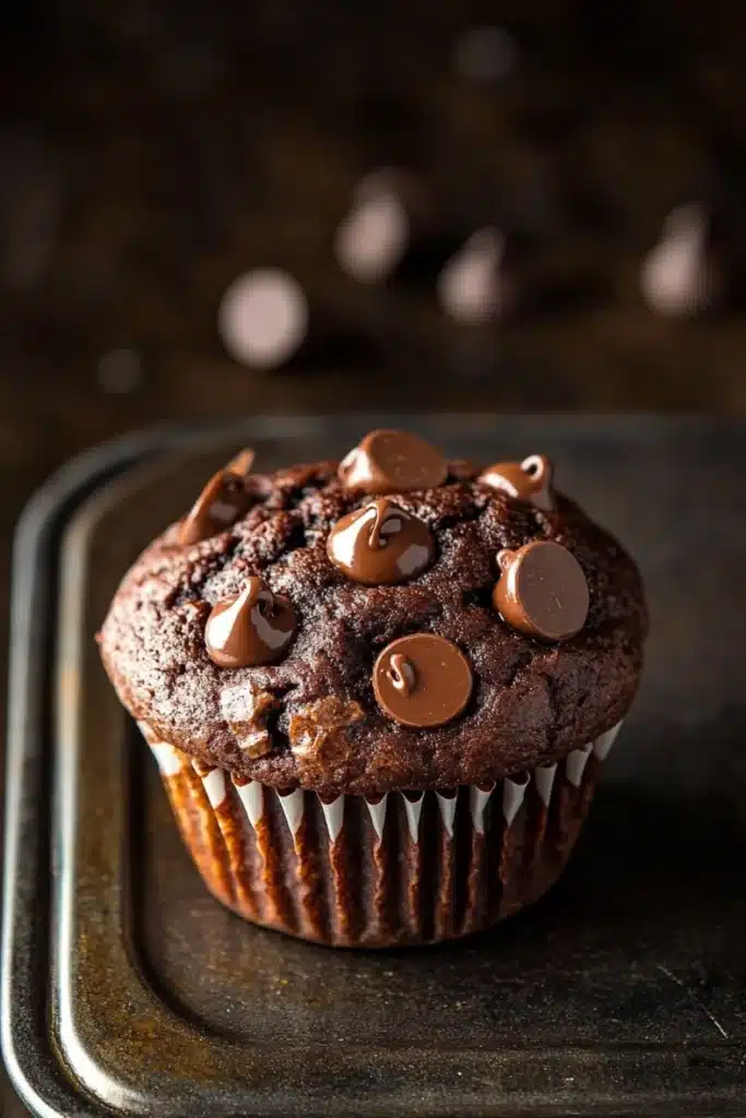 Chocolate kodiak muffin - the image is of a chocolate muffin on a black baking tray. the muffin is round and has a golden brown color. it is topped with chocolate chips in the shape of hearts. the chocolate chips are scattered across the top of the muffin, giving it a crunchy texture. the tray is lined with parchment paper and there are a few more chocolate chips scattered around it. the background is blurred, but it appears to be a kitchen countertop.