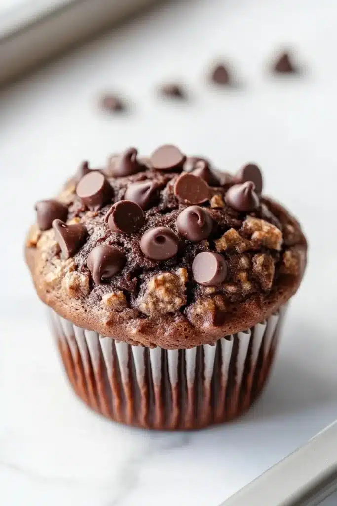 Chocolate kodiak muffin - the image is of a freshly baked chocolate muffin on a white marble countertop. the muffin is round and has a golden brown color. it is topped with chocolate chips and nuts, giving it a crunchy texture. there are a few scattered chocolate chips on top of the muffin, adding a pop of color to the image. the background is blurred, but it appears to be a kitchen countertop with a window on the left side.