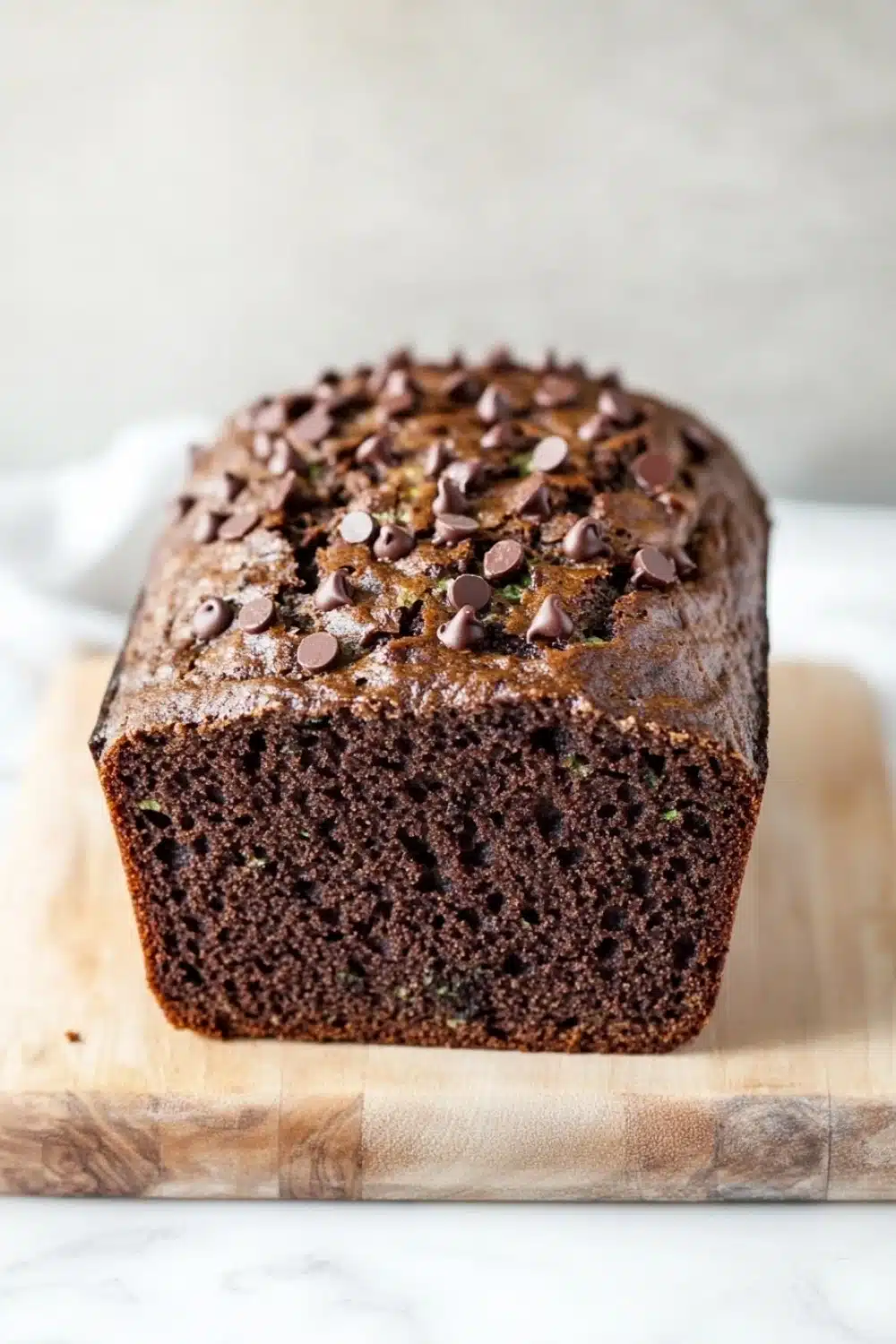 Chocolate zucchini yogurt bread - the image shows a freshly baked loaf of bread on a wooden cutting board. the bread appears to be dark brown in color and has a slightly crumbly texture. it is topped with chocolate chips, giving it a shiny appearance. the cutting board is placed on a white marble countertop. the background is blurred, making the bread the focal point of the image.