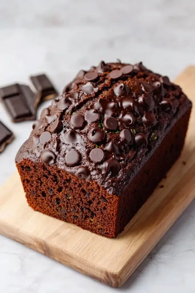 Chocolate zucchini yogurt bread - the image shows a rectangular loaf of chocolate cake on a wooden cutting board. the cake appears to be freshly baked and has a rich, dark brown color. the top of the cake is covered in a thick layer of chocolate shavings, which are scattered across the surface. there are also a few pieces of chocolate scattered around the cutting board, suggesting that the cake has been freshly baked. the cutting board is placed on a white marble countertop.