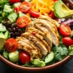 Chopped chicken salad with creamy chipotle dressing - the image is a close-up of a large bowl of salad. the salad is made up of various ingredients such as sliced chicken, sliced avocado, cherry tomatoes, black beans, red onions, and cilantro. the chicken is cooked to a golden brown color and appears to be seasoned with herbs and spices. the avocado is cut into thin slices and is placed on top of the salad, while the cherry tomatoes are scattered throughout. the black beans are black and appear to be kidney beans. the red onions are cut into small cubes and are arranged in a circular pattern around the chicken. the cilantro is scattered throughout the salad and adds a pop of green color to the dish. the bowl is sitting on a dark table with a blurred background.