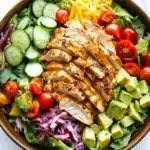 Chopped chicken salad with creamy chipotle dressing - the image is of a large wooden bowl filled with a colorful salad. the salad is made up of various types of greens, including lettuce, cherry tomatoes, cucumbers, red cabbage, and avocado. on top of the salad, there are slices of grilled chicken. the chicken is golden brown and appears to be seasoned with herbs and spices. the bowl is sitting on a white marble countertop.