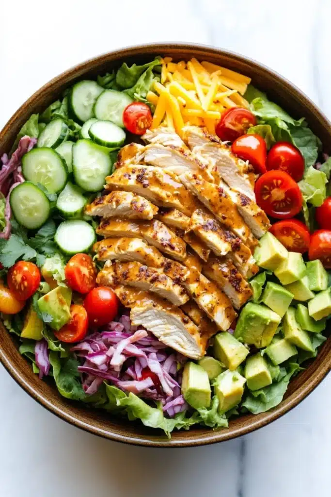 Chopped chicken salad with creamy chipotle dressing - the image is of a large wooden bowl filled with a colorful salad. the salad is made up of various types of greens, including lettuce, cherry tomatoes, cucumbers, red cabbage, and avocado. on top of the salad, there are slices of grilled chicken. the chicken is golden brown and appears to be seasoned with herbs and spices. the bowl is sitting on a white marble countertop.