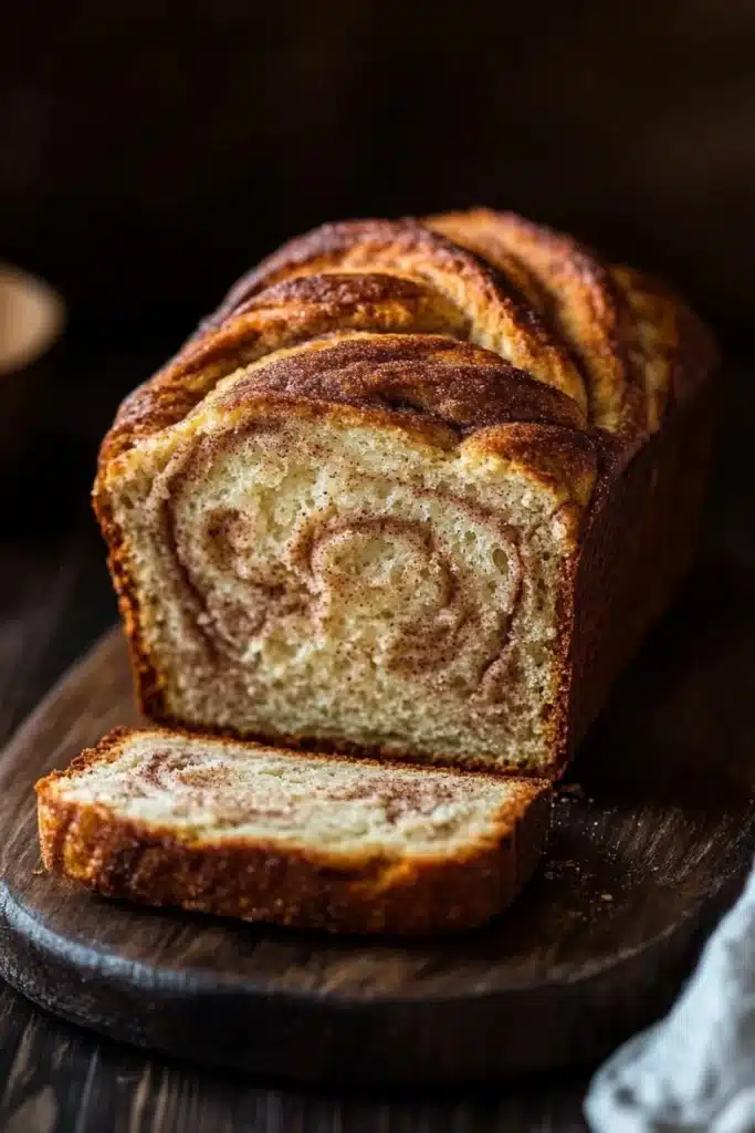 Cinnamon bread - the image shows a freshly baked loaf of bread on a wooden cutting board. the bread has a golden brown crust and a swirl pattern on the top. a slice of the bread is cut in half, revealing the soft, fluffy interior. the cutting board is placed on a dark wooden table with a white cloth napkin on the right side. the background is blurred, but it appears to be a kitchen countertop.