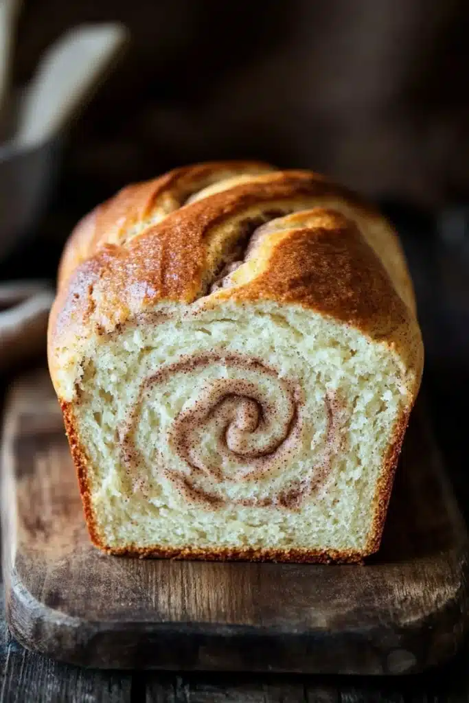 Cinnamon bread - the image shows a freshly baked loaf of bread on a wooden cutting board. the bread is golden brown in color and has a swirl pattern on top. the swirl appears to be made with cinnamon or sugar, giving it a warm and inviting appearance. the cutting board is placed on a rustic wooden table, with a few sprigs of cinnamon scattered around it. the background is blurred, making the bread the focal point of the image.