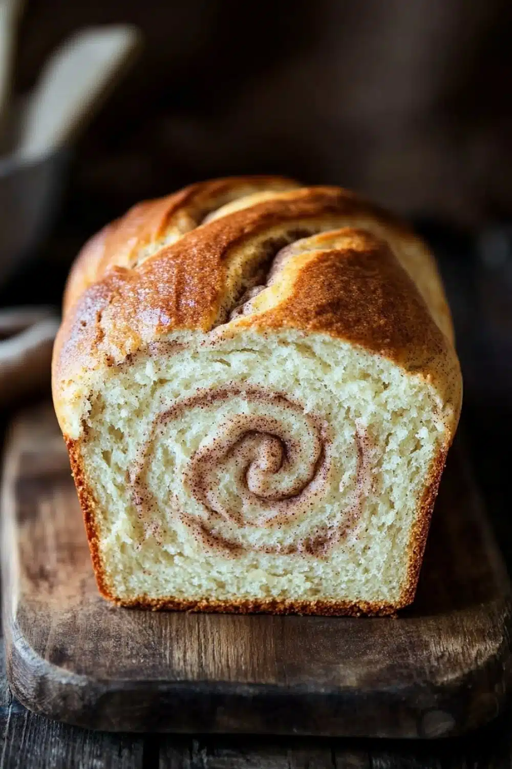 Cinnamon bread - the image shows a freshly baked loaf of bread on a wooden cutting board. the bread is golden brown in color and has a swirl pattern on top. the swirl appears to be made with cinnamon or sugar, giving it a warm and inviting appearance. the cutting board is placed on a rustic wooden table, with a few sprigs of cinnamon scattered around it. the background is blurred, making the bread the focal point of the image.