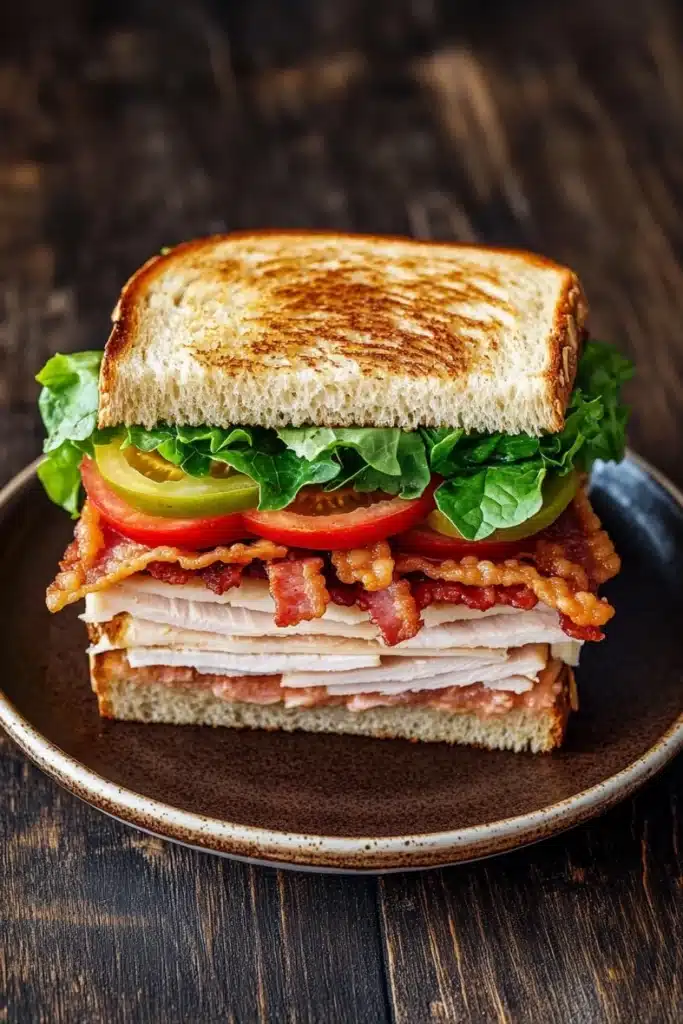 Club sandwich - the image is of a sandwich on a brown plate. the sandwich is made with two slices of toasted bread, filled with sliced turkey, bacon, lettuce, tomato, and pickles. the turkey is cooked to a golden brown color and appears to be seasoned with herbs and spices. the lettuce is a mix of green and red, and the pickles are a bright yellow. the plate is sitting on a wooden table with a rustic background.