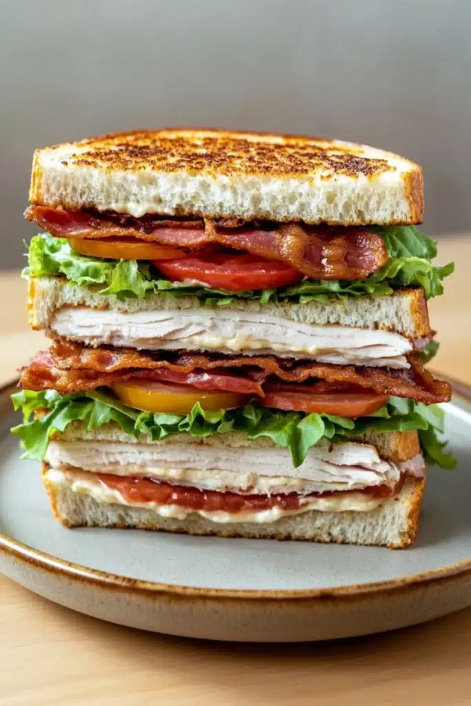 Club sandwich - the image is of a sandwich on a plate. the sandwich is made with two slices of toasted bread, filled with a variety of ingredients. on top of the bread, there are slices of bacon, lettuce, tomato, and chicken. the bacon is crispy and golden brown, and the lettuce is a vibrant green. the chicken is white and appears to be cooked to perfection. the plate is a light brown color and is placed on a wooden table.