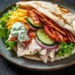 Club sandwich gyro - the image shows a plate with a sandwich on it. the sandwich is made with a pita bread and is filled with a variety of ingredients. on top of the sandwich, there are slices of bacon, sliced cucumber, red onion, and sliced tomatoes. there are also slices of yellow cheese and a dollop of blue sauce on top. the plate is sitting on a dark grey countertop.