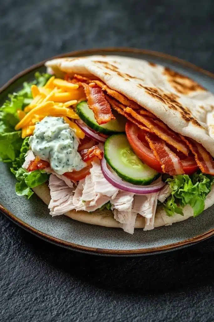 Club sandwich gyro - the image shows a plate with a sandwich on it. the sandwich is made with a pita bread and is filled with a variety of ingredients. on top of the sandwich, there are slices of bacon, sliced cucumber, red onion, and sliced tomatoes. there are also slices of yellow cheese and a dollop of blue sauce on top. the plate is sitting on a dark grey countertop.