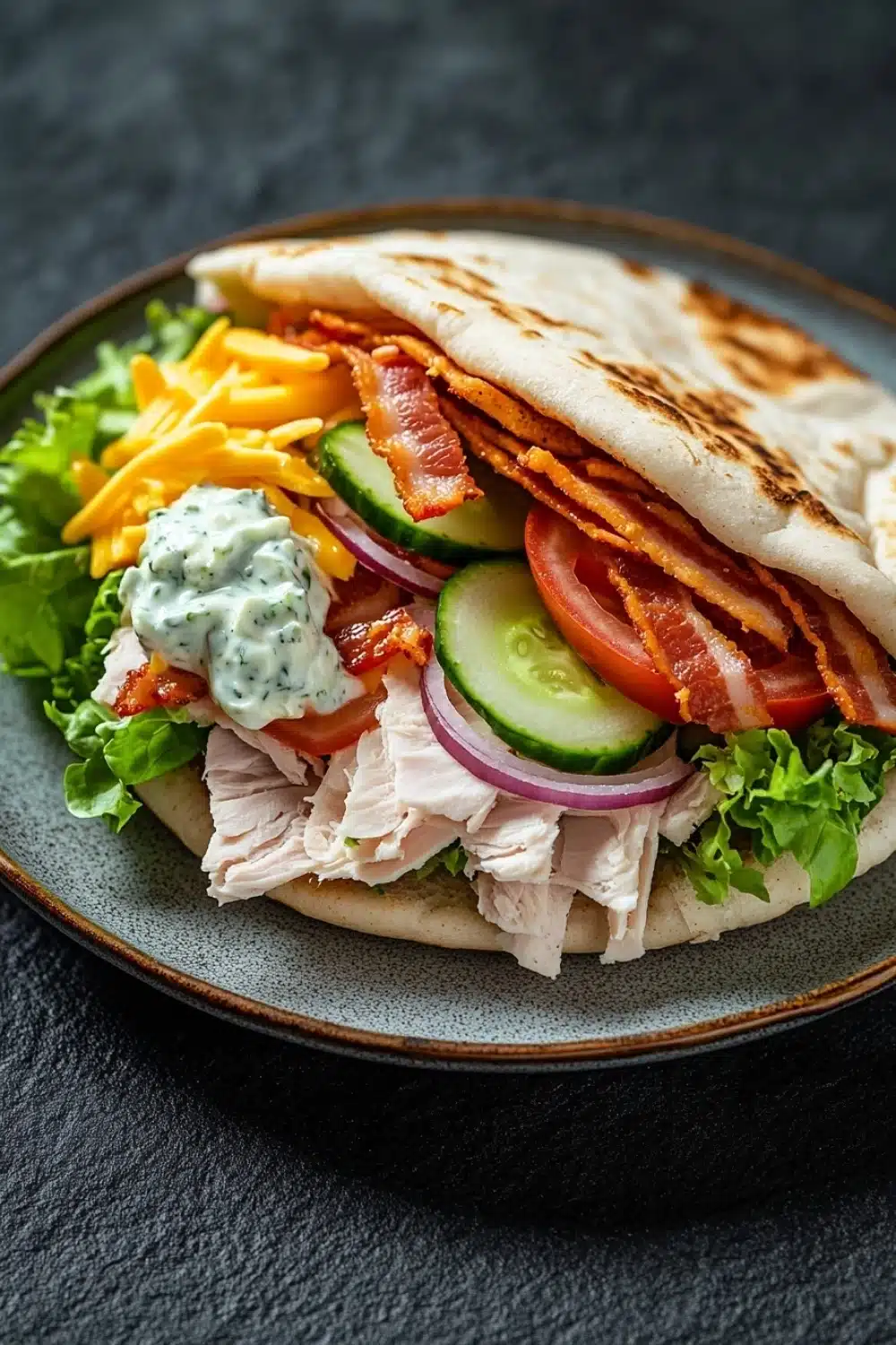 Club sandwich gyro - the image shows a plate with a sandwich on it. the sandwich is made with a pita bread and is filled with a variety of ingredients. on top of the sandwich, there are slices of bacon, sliced cucumber, red onion, and sliced tomatoes. there are also slices of yellow cheese and a dollop of blue sauce on top. the plate is sitting on a dark grey countertop.