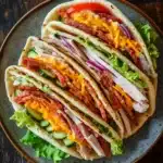 Club sandwich gyro - the image shows a plate with three tacos on it. the tacos are made with a tortilla shell and are filled with shredded chicken, bacon, cheese, and lettuce. the chicken is cut into thin strips and appears to be seasoned with herbs and spices. the cheese is melted and oozing out of the sides of the tacos. the lettuce is a bright green color and is scattered around the plate. the plate is sitting on a wooden table.