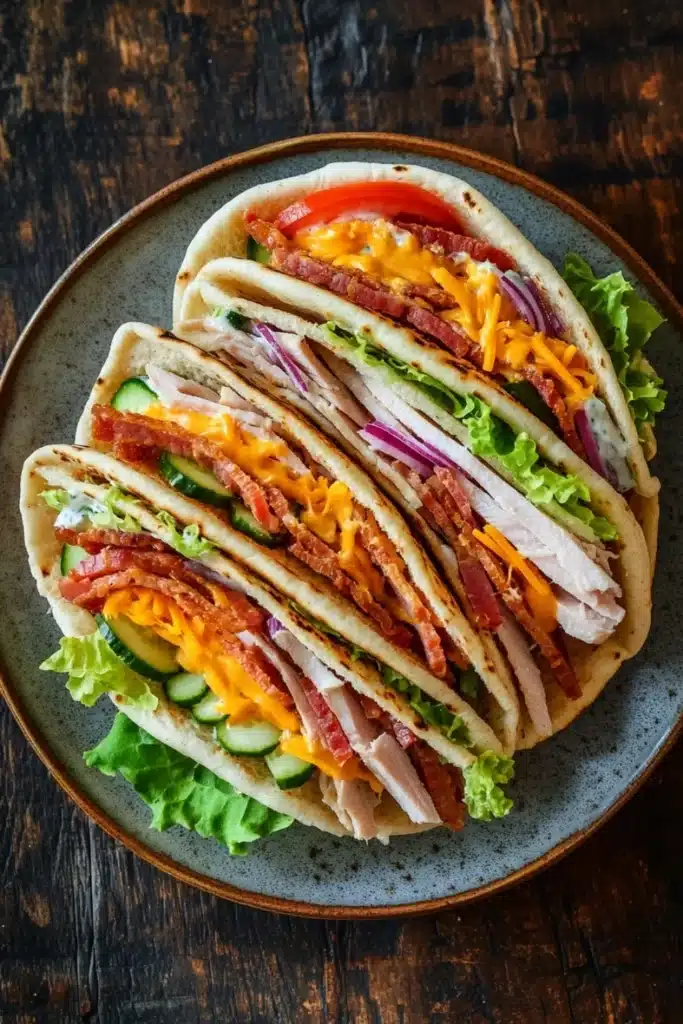 Club sandwich gyro - the image shows a plate with three tacos on it. the tacos are made with a tortilla shell and are filled with shredded chicken, bacon, cheese, and lettuce. the chicken is cut into thin strips and appears to be seasoned with herbs and spices. the cheese is melted and oozing out of the sides of the tacos. the lettuce is a bright green color and is scattered around the plate. the plate is sitting on a wooden table.