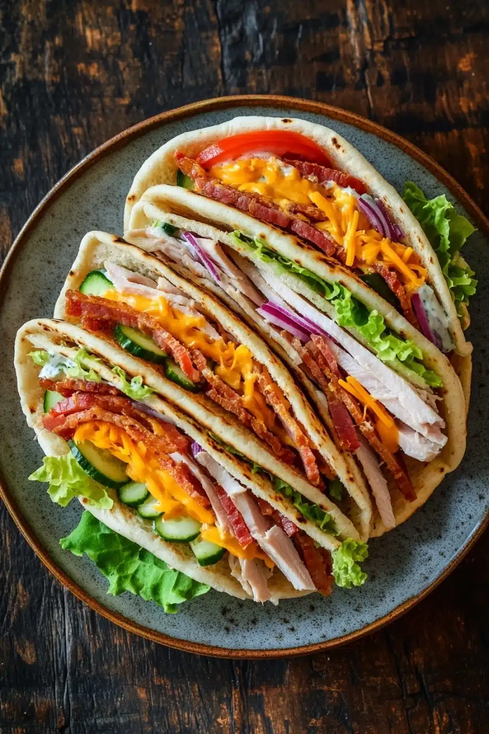 Club sandwich gyro - the image shows a plate with three tacos on it. the tacos are made with a tortilla shell and are filled with shredded chicken, bacon, cheese, and lettuce. the chicken is cut into thin strips and appears to be seasoned with herbs and spices. the cheese is melted and oozing out of the sides of the tacos. the lettuce is a bright green color and is scattered around the plate. the plate is sitting on a wooden table.