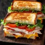 Club sandwich on french bread - the image shows a sandwich cut in half on a wooden cutting board. the sandwich is made with two slices of toasted bread, filled with turkey, lettuce, tomato, and cheese. the bread is golden brown and appears to be crispy on the outside. the cheese is melted and oozing out of the sides of the sandwich. the background is dark and out of focus, making the sandwich the focal point of the image.