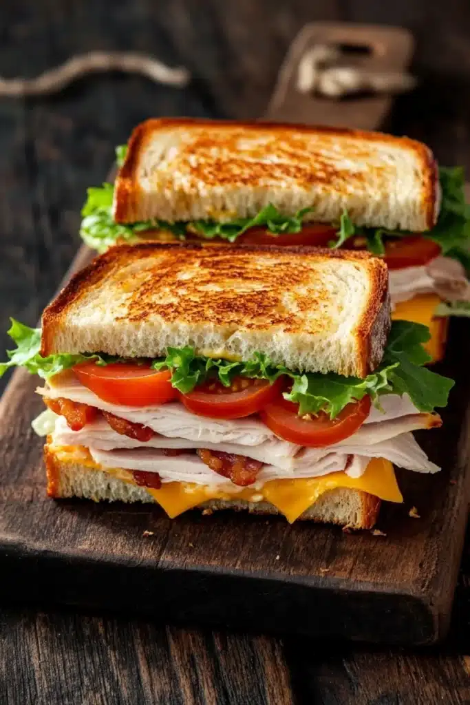 Club sandwich on french bread - the image shows a sandwich cut in half on a wooden cutting board. the sandwich is made with two slices of toasted bread, filled with turkey, lettuce, tomato, and cheese. the bread is golden brown and appears to be crispy on the outside. the cheese is melted and oozing out of the sides of the sandwich. the background is dark and out of focus, making the sandwich the focal point of the image.