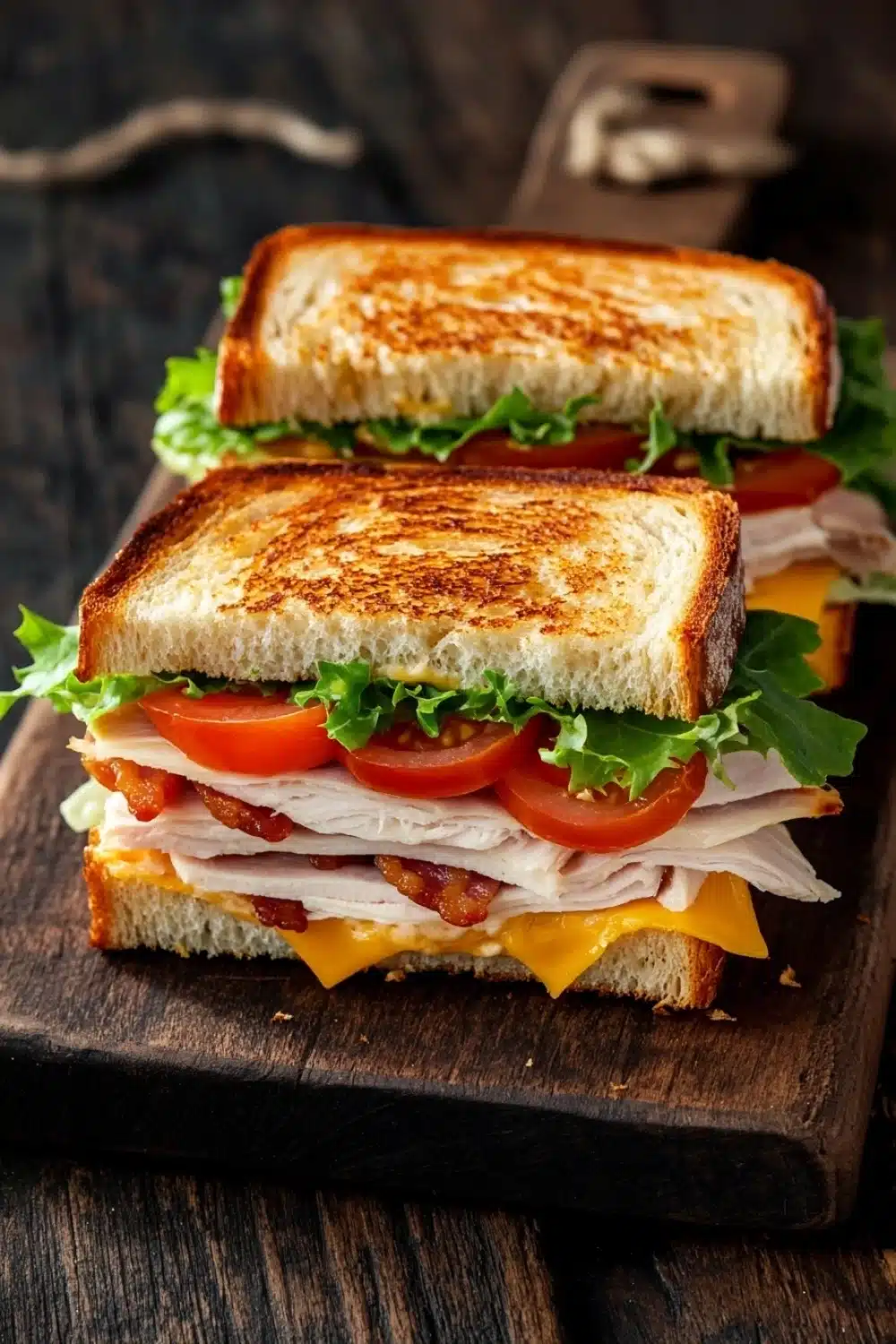 Club sandwich on french bread - the image shows a sandwich cut in half on a wooden cutting board. the sandwich is made with two slices of toasted bread, filled with turkey, lettuce, tomato, and cheese. the bread is golden brown and appears to be crispy on the outside. the cheese is melted and oozing out of the sides of the sandwich. the background is dark and out of focus, making the sandwich the focal point of the image.