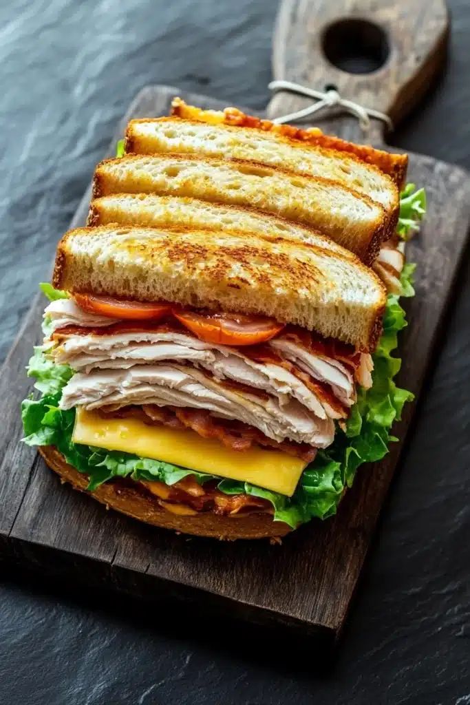 Club sandwich on french bread - the image shows a sandwich cut in half on a wooden cutting board. the sandwich is made with two slices of toasted bread, filled with sliced turkey, lettuce, tomato, and cheese. the bread is golden brown and appears to be crispy on the outside. the cheese is melted and oozing out of the sides of the sandwich. the cutting board is placed on a dark grey textured surface, and there is a small wooden spoon next to it.