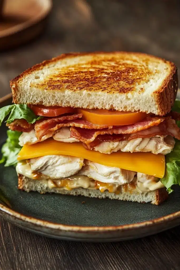 Club sandwich with chicken - the image is of a sandwich on a green plate. the sandwich is made with two slices of toasted bread, filled with grilled cheese, bacon, and lettuce. the cheese is melted and oozing out of the sides. the bacon is crispy and golden brown, and the lettuce is a vibrant green color. the plate is sitting on a wooden table with a blurred background.