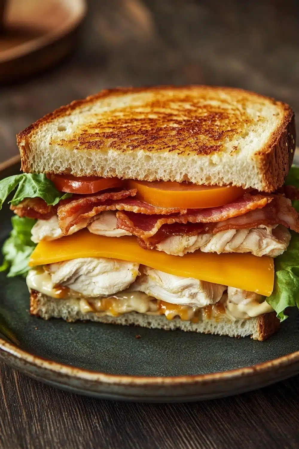 Club sandwich with chicken - the image is of a sandwich on a green plate. the sandwich is made with two slices of toasted bread, filled with grilled cheese, bacon, and lettuce. the cheese is melted and oozing out of the sides. the bacon is crispy and golden brown, and the lettuce is a vibrant green color. the plate is sitting on a wooden table with a blurred background.