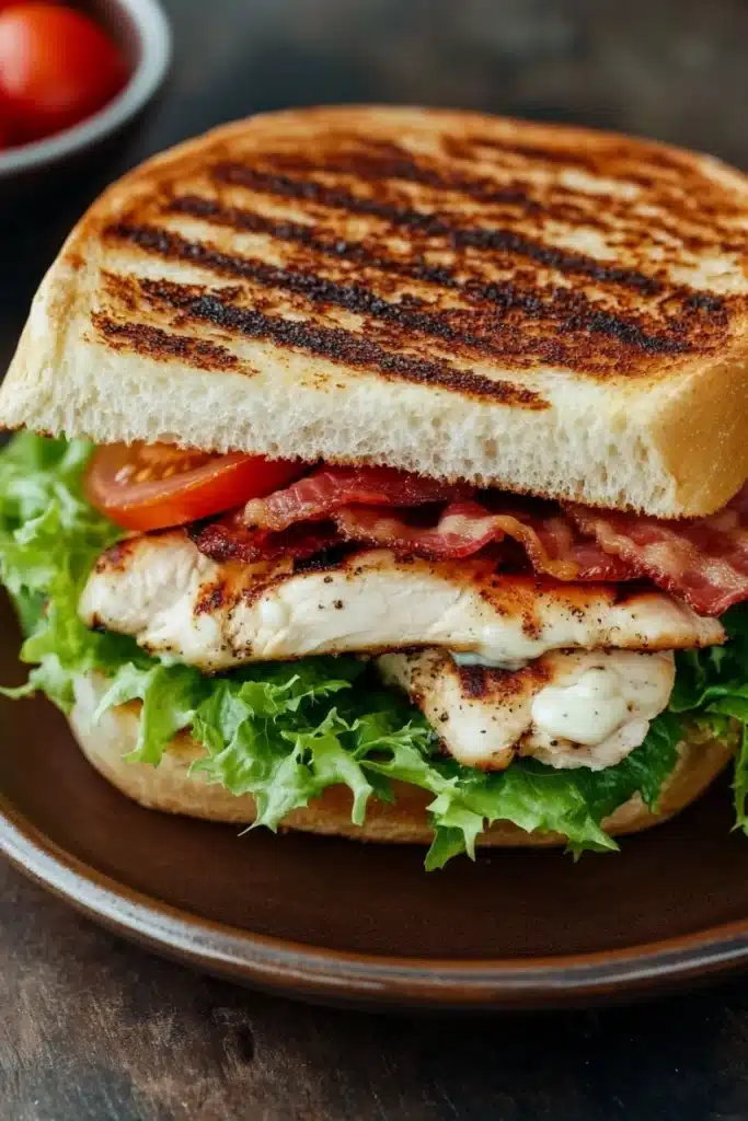 Club sandwich with chicken - the image shows a sandwich on a brown plate. the sandwich is made with two slices of toasted bread, filled with grilled chicken, bacon, and lettuce. the chicken is cooked to a golden brown color and appears to be seasoned with herbs and spices. the bacon is crispy and golden brown, and the lettuce is a vibrant green. there is a small bowl of cherry tomatoes in the background. the plate is sitting on a wooden table.