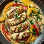 Creamy chicken sausage skillet - the image shows a plate of grilled chicken breasts in a creamy sauce. the chicken breasts are golden brown and appear to be seasoned with herbs and spices. the sauce is a light yellow color and is drizzled over the top of the chicken breasts. there are also sliced red and yellow bell peppers, red onions, and green bell peppers scattered throughout the dish. the dish is garnished with a sprig of parsley. the plate is sitting on a dark wooden table.