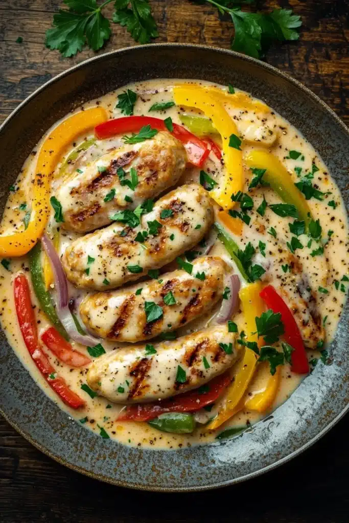 Creamy chicken sausage skillet - the image shows a plate of grilled chicken breasts in a creamy sauce. the chicken breasts are golden brown and appear to be seasoned with herbs and spices. the sauce is a light yellow color and is drizzled over the top of the chicken breasts. there are also sliced red and yellow bell peppers, red onions, and green bell peppers scattered throughout the dish. the dish is garnished with a sprig of parsley. the plate is sitting on a dark wooden table.