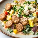 Creamy chicken sausage skillet - the image is a close-up of a plate of food. the plate is round and has a light brown color. the food appears to be a dish made with sausage, squash, and other vegetables. the sausage is cut into small cubes and is covered in a creamy sauce. the squash is yellow and orange, and the vegetables are mixed in with the sauce. there are also chunks of red and yellow bell peppers scattered throughout the dish. on top of the sausage, there is a sprinkle of grated parmesan cheese. the dish is garnished with fresh parsley. the background is white, and there are a few sprigs of parsley scattered around the plate.