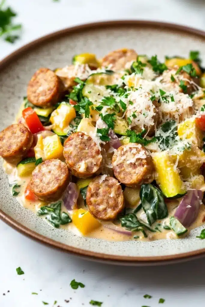Creamy chicken sausage skillet - the image is a close-up of a plate of food. the plate is round and has a light brown color. the food appears to be a dish made with sausage, squash, and other vegetables. the sausage is cut into small cubes and is covered in a creamy sauce. the squash is yellow and orange, and the vegetables are mixed in with the sauce. there are also chunks of red and yellow bell peppers scattered throughout the dish. on top of the sausage, there is a sprinkle of grated parmesan cheese. the dish is garnished with fresh parsley. the background is white, and there are a few sprigs of parsley scattered around the plate.