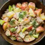Creamy dill red potato salad - the image is a close-up of a bowl of potato salad. the bowl is made of dark brown ceramic and is placed on a wooden table. the salad is made up of diced potatoes, celery, and other vegetables, all mixed together in a creamy dressing. the potatoes are cut into small cubes and are arranged in a circular pattern. the dressing is drizzled over the top of the potatoes and is garnished with a sprig of dill. the overall appearance of the salad is fresh and appetizing.